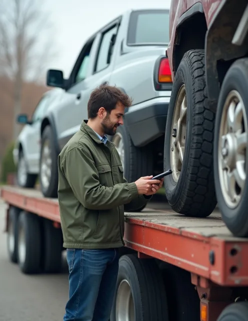 Driver updating customer next to loaded truck in Tallahassee.