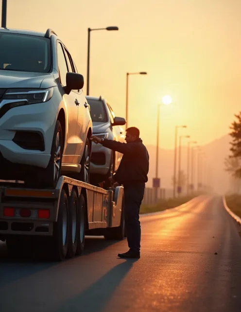 Driver inspecting a car hauler at a truck stop for auto transport in Tallahassee.