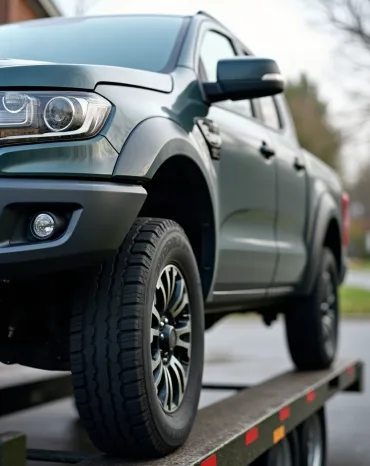 Close-up of a pickup truck secured for auto transport in Tallahassee.