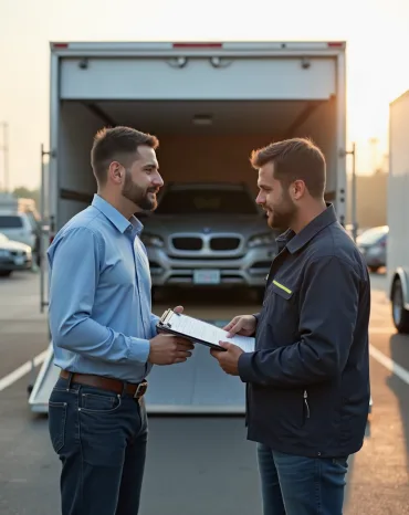 Customer and driver inspecting a vehicle, illustrating auto transport services in Tallahassee, FL.