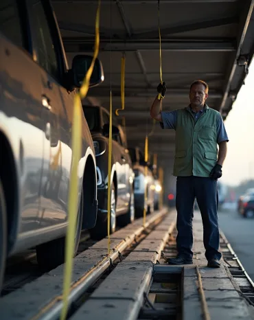 Driver checking straps on a car carrier for enclosed car transport in Tallahassee.