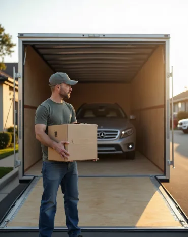 Open car transport in Tallahassee, military relocation move in front of a family home.