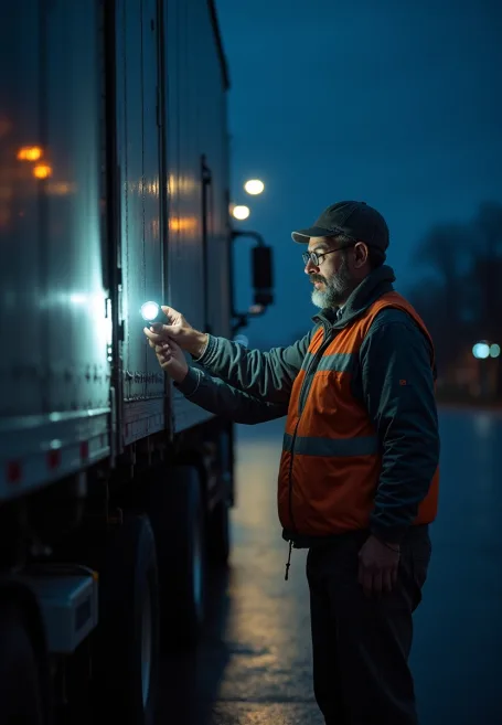Open car transport in Tallahassee, driver inspecting a vehicle at night.