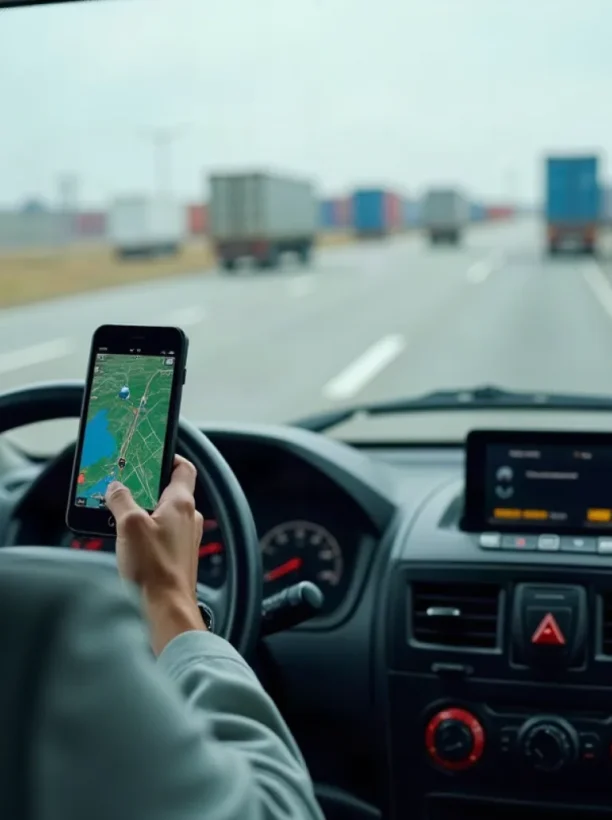GPS tracking screen inside a truck cab showing auto transport services in Tallahassee, FL.